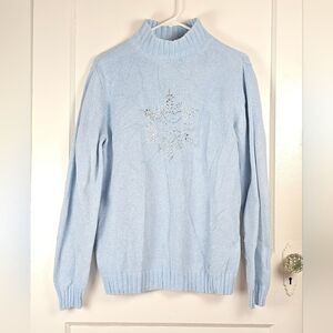 Quacker Factory Blue Sparkly Snowflake Mock Neck Sweater Like New M